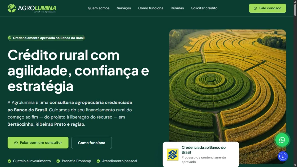 Primeira dobra do site Agrolumina: “Crédito rural com agilidade, confiança e estratégia”