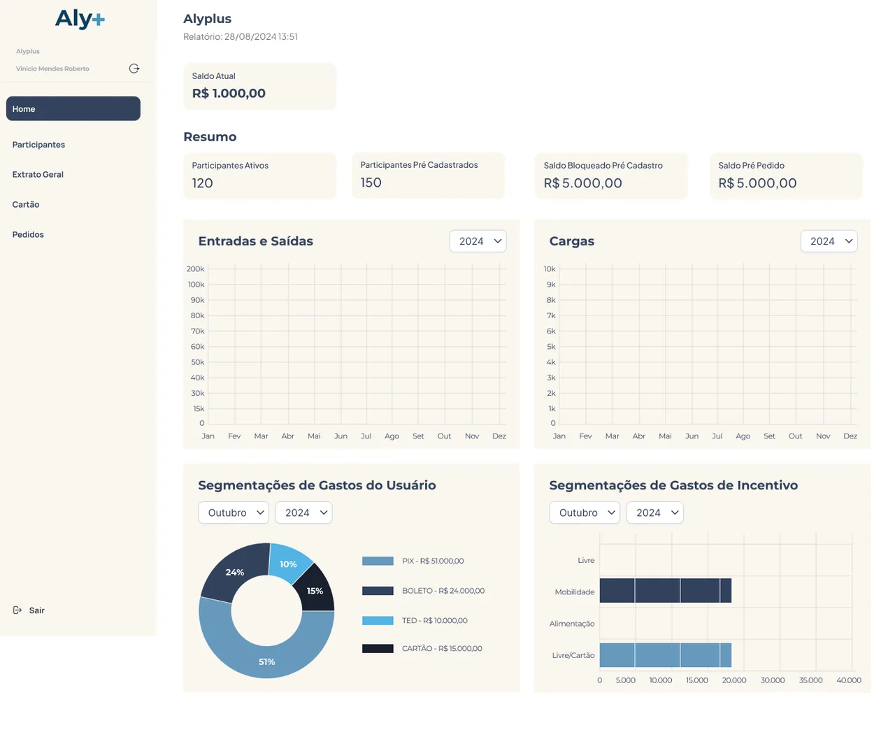 Wireframe do dashboard Aly+ com saldo, resumo de participantes e gráficos