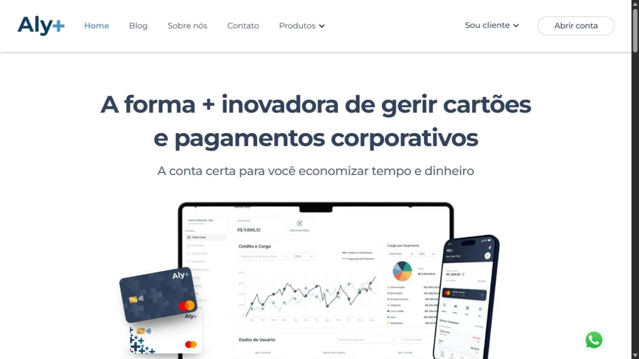 Primeira dobra do site Aly+: “A forma + inovadora de gerir cartões e pagamentos corporativos”