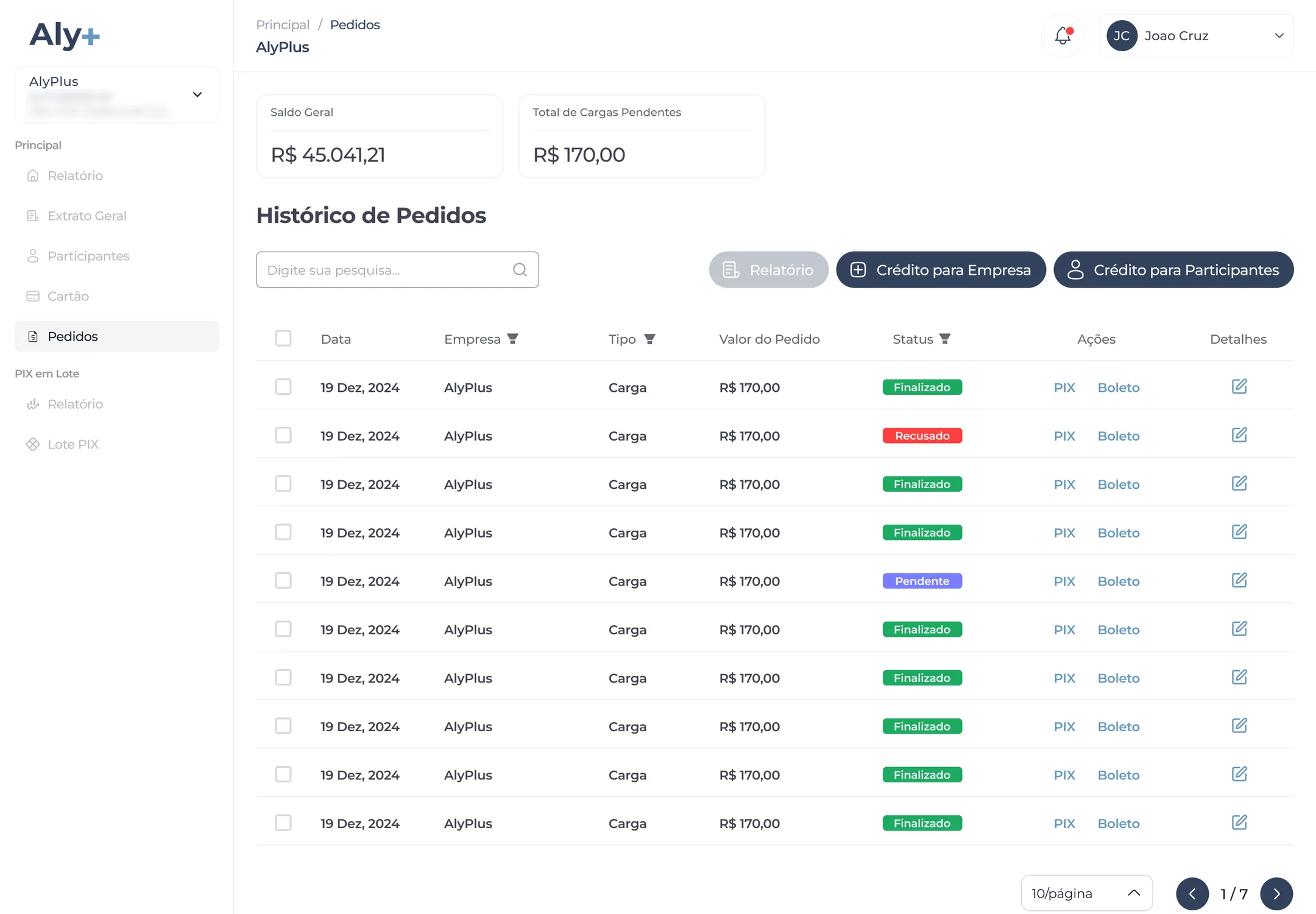 Order history with overall balance, total pending top-ups and Completed, Declined and Pending statuses