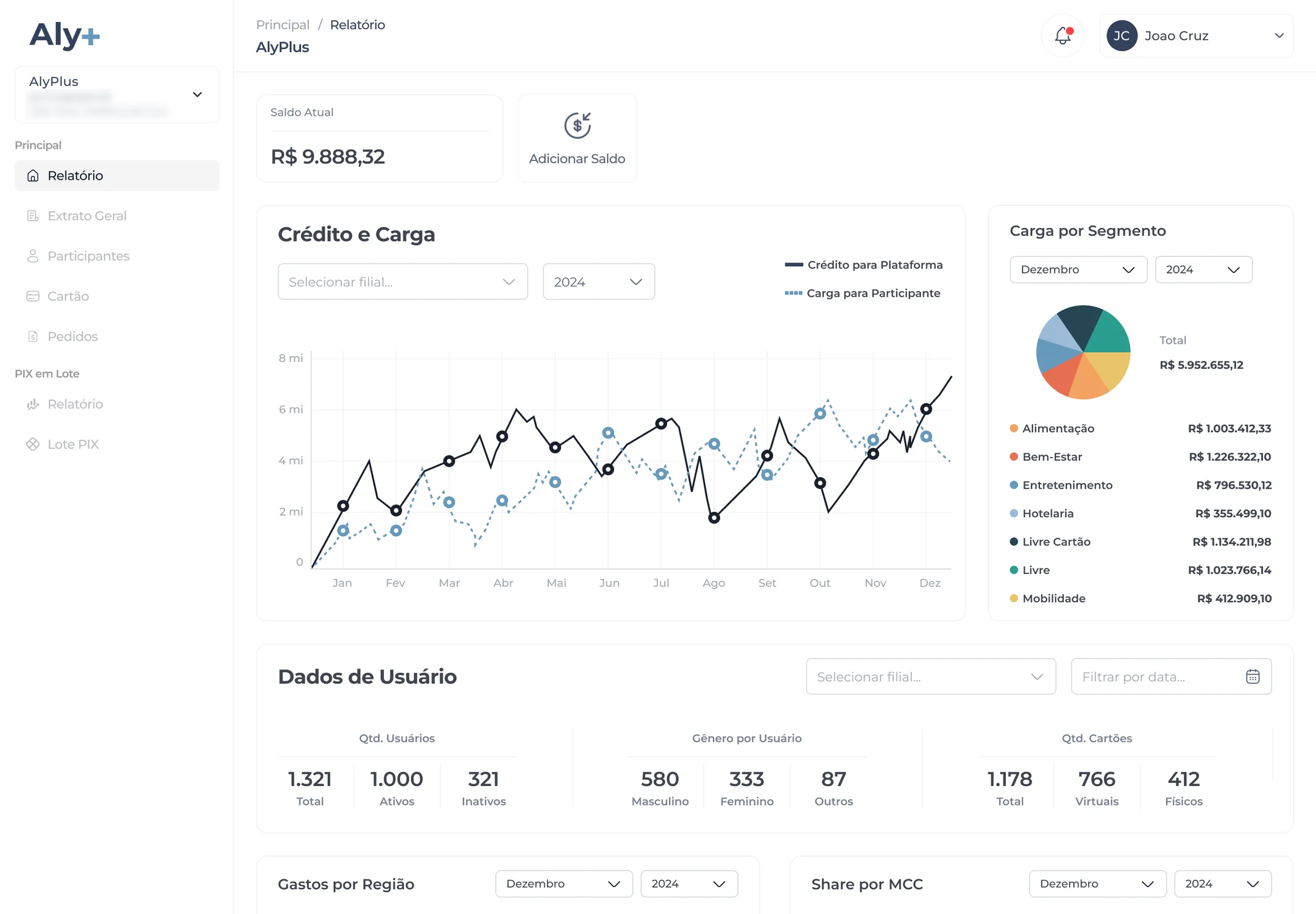 Aly+ backoffice Report: current balance, credit and top-up per month chart, top-ups by segment and user data
