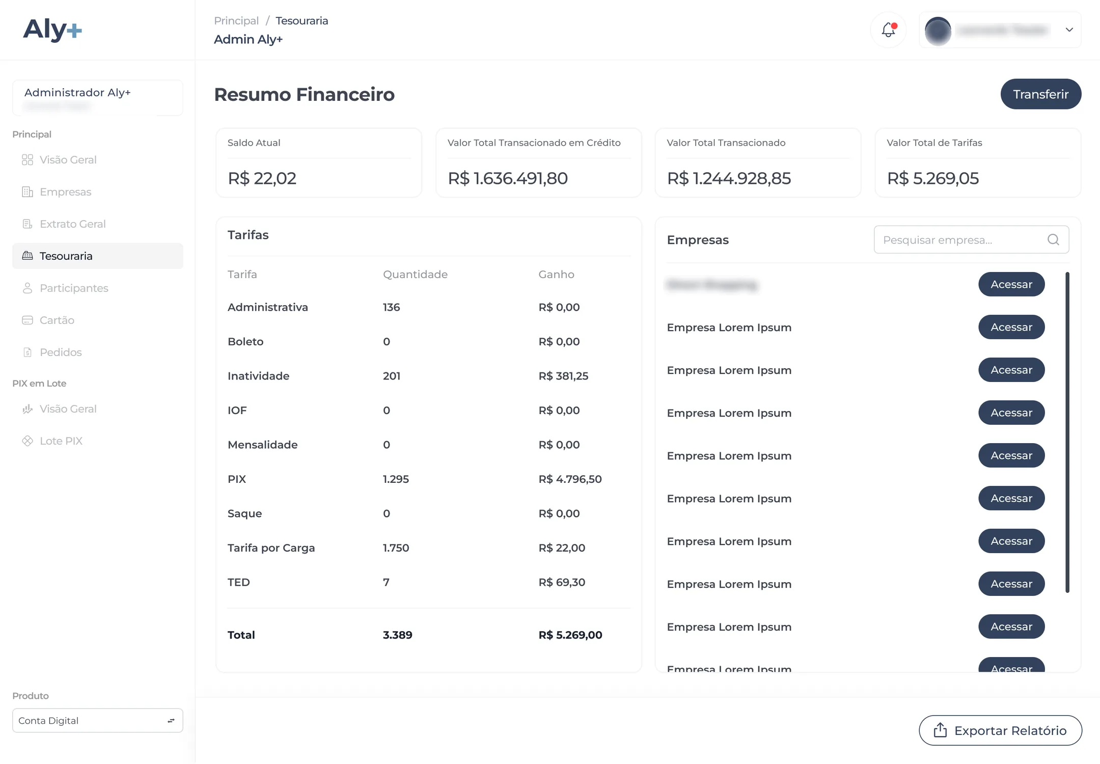 Treasury financial summary: balance, transacted amounts, fees by type and list of companies