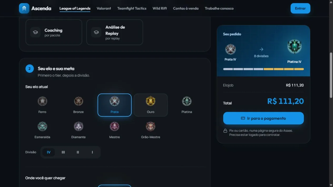 Calculadora do Ascenda com Prata IV até Platina IV, 8 divisões