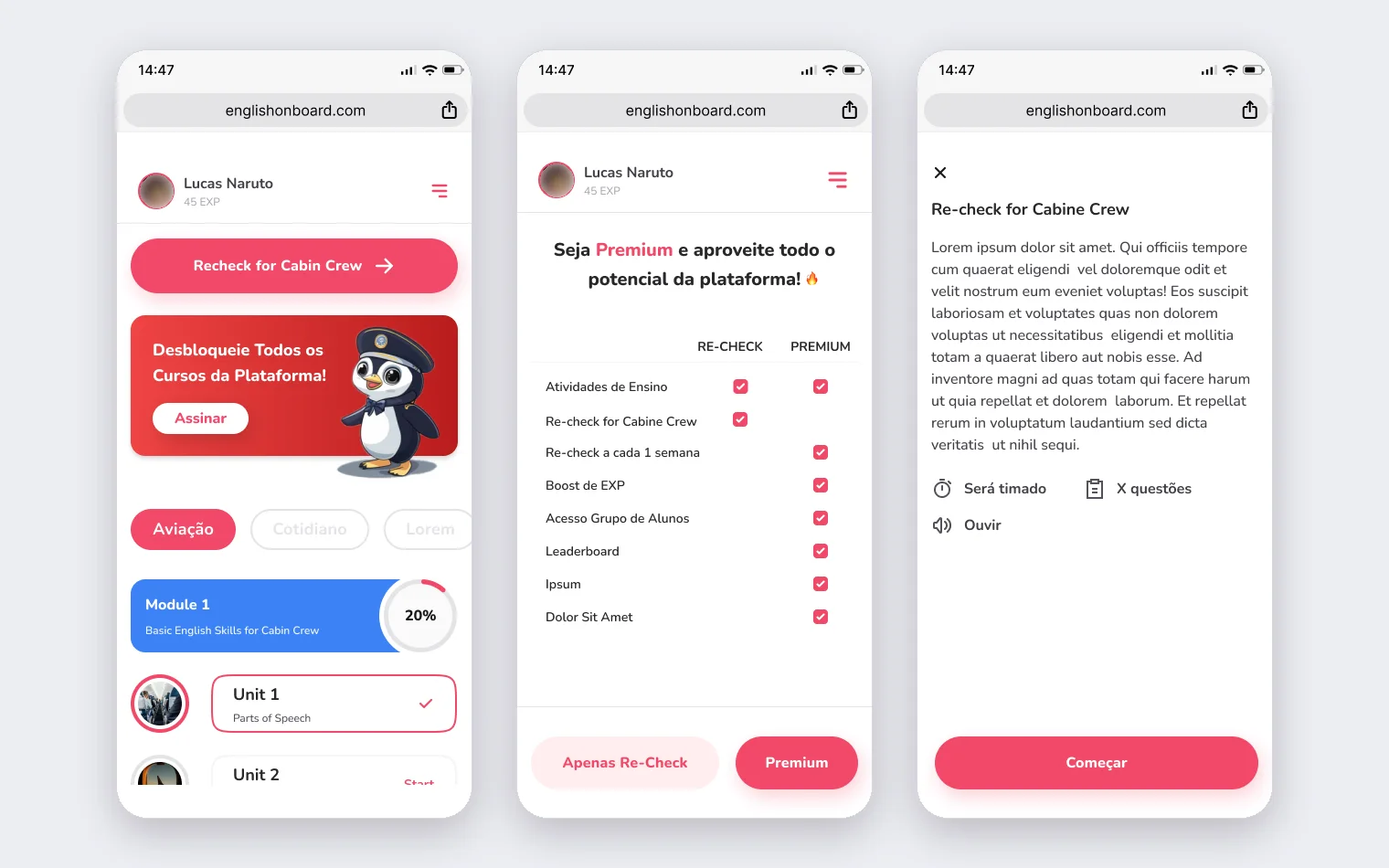 Três telas de celular: home com o botão Recheck for Cabin Crew e o mascote, planos e regras