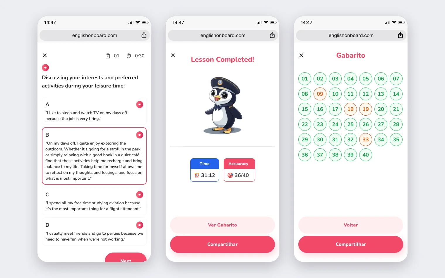 Três telas de celular: questão com a alternativa B selecionada, Lesson Completed com tempo e acurácia e o gabarito de 40 questões
