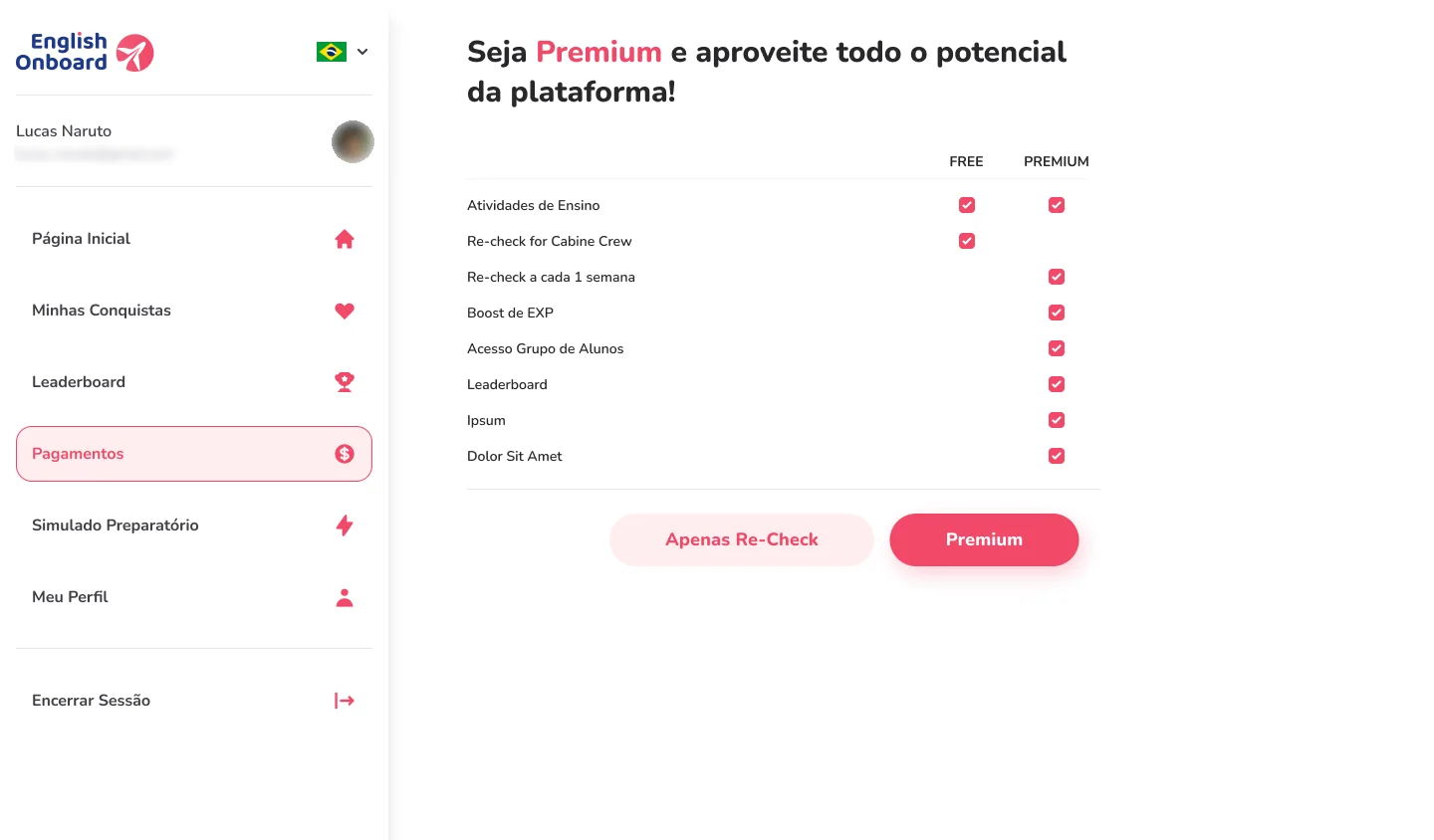 Tela de planos: tabela Free e Premium com os recursos de cada um e os botões Apenas Re-Check e Premium