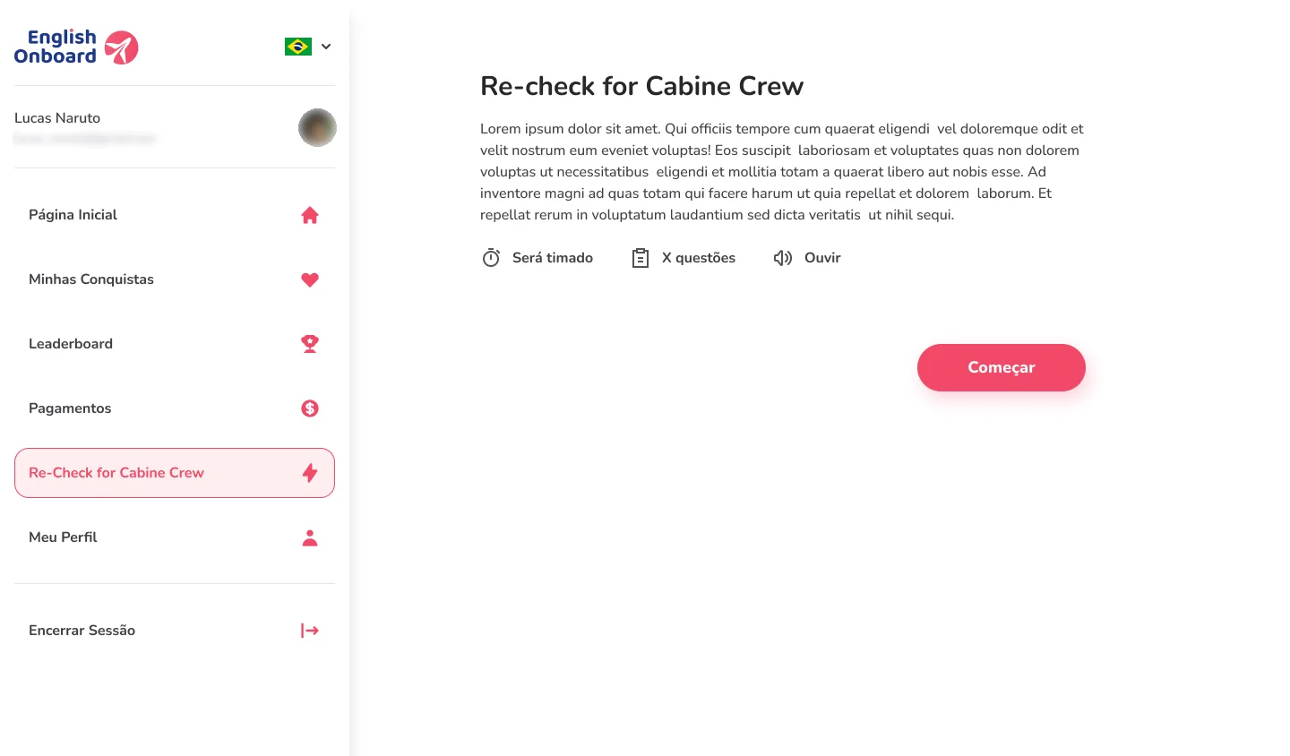 Tela de regras do Re-check for Cabine Crew com os avisos Será timado, X questões e Ouvir e o botão Começar